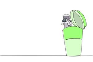 Single one line drawing astronaut emerges from paper cup look for something with binocular. Look for something relaxing. The expedition calm and controlled. Continuous line design graphic illustration vector