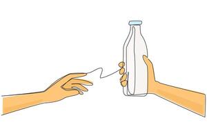 Single continuous line drawing hand giving bottle of milk. Share healthy drinks. Drinking it cold is more refreshing. Drinks high in calcium are good for the body. One line design illustration vector