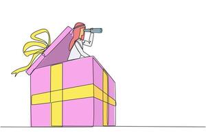 Continuous one line drawing Arabian businessman emerges from gift box looking for something through binoculars. Presenting rewards for team hard work. Single line draw design illustration vector
