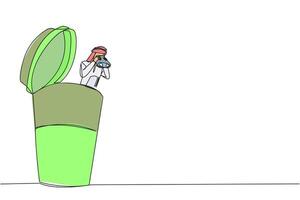 Continuous one line drawing Arab businessman appears out of a paper cup looking for something through binoculars. Waiting for colleague while buying coffee. Single line draw design illustration vector