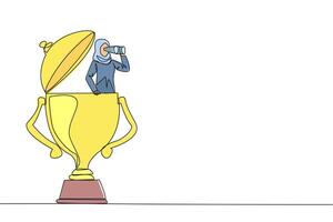Single one line drawing Arab businesswoman emerges from trophy looking for something through binoculars. Get ready to win the many rewards that await. Continuous line design graphic illustration vector