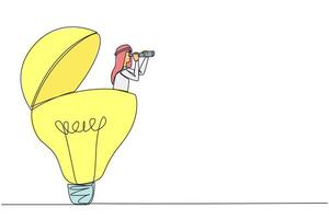 Continuous one line drawing Arabian businessman pops out of a lightbulb looking for something through binoculars. Needs more light to get ideas. Brilliant. Single line draw design illustration vector