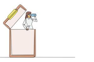 Continuous one line drawing businesswoman comes out of clipboard looking for something through binoculars. Looking for volunteers to fill in report form. Single line draw design illustration vector