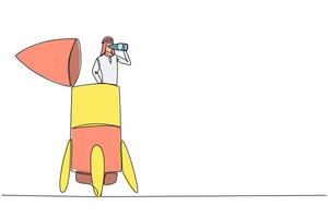 Single continuous line drawing Arab businessman emerges from rocket looking for something through binoculars. Technical preparations completed. Time to skyrocket. One line design illustration vector