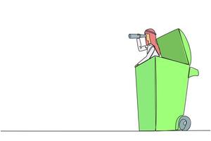 Continuous one line drawing Arabian businessman pops out of a wheeled bin looking for something through binoculars. Environmental care. Keep it green. Single line draw design illustration vector