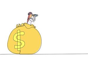 Single one line drawing Arabian businessman pops out of money bag looking for something through binoculars. More than adequate retirement funds. Gratefully. Continuous line design graphic illustration vector
