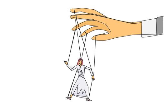 Single one line drawing Arab businessman walks by being moved by ropes controlled by a giant hand above. Like a puppet. Cannot have big impact on business. Continuous line design graphic illustration vector