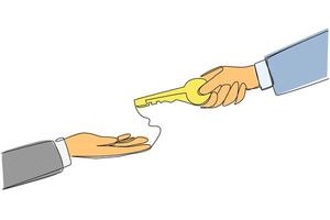 Single continuous line drawing a hand gives a key to a coworker. Full trust is given. Fix anything that's broken. Keep it up. Business that will continue to grow. One line design illustration vector