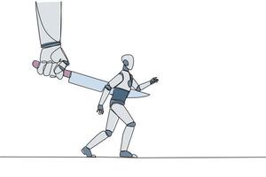 Single one line drawing robotic stabbed in the back by a large knife. Cheated to ruin by a business partner. An enemy disguised as a friend. The traitor. Continuous line design graphic illustration vector