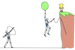 Continuous one line drawing smart robot wants to achieve prizes at the peak of the career. Getting resistance from all directions. Painful failure. Traitor. Single line draw design illustration vector