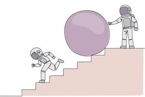 Single continuous line drawing the astronaut running down stairs avoiding big ball. Attacked by business friends. Traitor in business. Cheating in business. Betray. One line design illustration vector