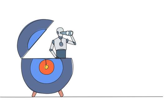 Single continuous line drawing smart robot appears from arrow target board looking for something through binocular. Scan. Analyzing skills. Focus on pursuing goals. One line design illustration vector