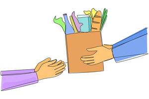 Continuous one line drawing hand giving grocery bag. Very environmentally friendly shopping bags. Able to carry various types of food. Protect the earth. Single line draw design illustration vector