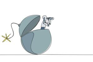 Single continuous line drawing a smart robot emerges from bomb with burning fuse looking for something with binoculars. Scan. Analyze the level of danger. Deadline. One line design illustration vector