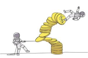 Single one line drawing astronaut pull one of a piles of coins who made the person on top fall. Business fraud. Misappropriation of office money. Traitor. Continuous line design graphic illustration vector