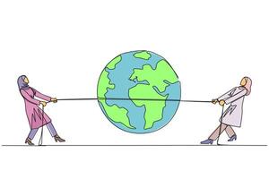 Continuous one line drawing two Arabian businesswomen fighting over globe. Fierce fight for territory. Build a business empire. Get the profit. Work smart. Single line draw design illustration vector