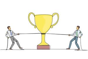 Single continuous line drawing two businessmen fighting for a trophy. Strive to be a winner. Always get satisfactory business results. A very appreciated business. One line design illustration vector