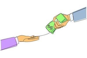 Single continuous line drawing a hand passes a stack of banknotes to colleague. Without checks. Acquisition of the company successfully by paying in cash. Genius. One line design illustration vector