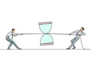 Single continuous line drawing two businessmen fighting over an hourglass. Chasing each other against time. Deadline is approaching. Complete the business report. One line design illustration vector