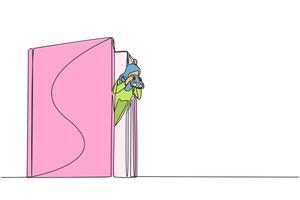 Single continuous line drawing Arab businesswoman appears out of old book look for something with binocular. Equating people's stories with history written in book. One line design illustration vector