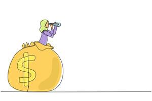 Continuous one line drawing Arab businesswoman emerges from money bag looking for something with binoculars. More concerned with saving than spending money. Single line draw design illustration vector
