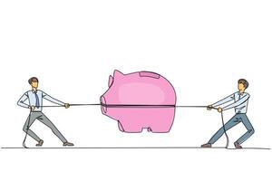 Continuous one line drawing two businessmen fighting over a piggy bank. Competition for investment. Trying to get a good life in retirement. Decent old age. Single line draw design illustration vector