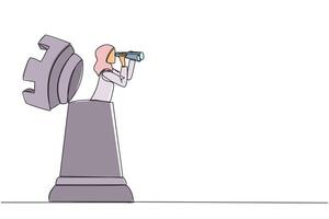Single one line drawing Arabian businesswoman emerges from the rook chess piece looking for something through binoculars. Finalize business strategies. Continuous line design graphic illustration vector