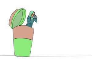 Single one line drawing Arabian businesswoman emerges from a paper cup looking for something through binoculars. Bring home a refreshing cold tea drink. Continuous line design graphic illustration vector