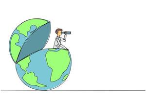 Single continuous line drawing businessman appears out of globe looking for something through binoculars. Added business track record anywhere. Proof of success. One line design illustration vector