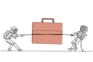 Single one line drawing two astronauts fighting over briefcase. Fighting for quotas for expedition trips to the moon. Cosmonaut deep space. Explore outer space. Continuous line graphic illustration vector