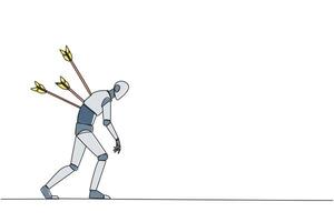 Single one line drawing smart robot standing and several arrows stuck in the back. Attacked from behind. Destroyed and helpless. Fake partner. Traitor. Continuous line design graphic illustration vector