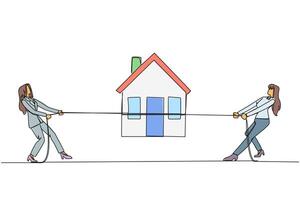 Continuous one line drawing two businesswomen fight over miniature house. Compete to get decent life in retirement. The most comfortable place. Investment. Single line draw design illustration vector