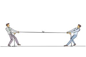 Single one line drawing two businessmen pulling each other's rope. Light exercise relieves the fatigue of daily routine. Eliminate business stress together. Continuous line design graphic illustration vector