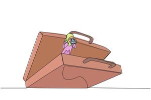 Single continuous line drawing Arab businesswoman emerges from briefcase look for something with binoculars. Preparing to move to a better business. Better place. One line design illustration vector