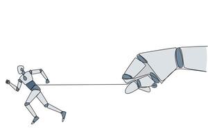 Single continuous line drawing robot runs but its stomach is tied. Artificial intelligence makes the robot unwilling to obey. There is conflict. Wrong code given. One line design illustration vector