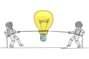 Single continuous line drawing two astronauts fighting over lightbulb. Compete to find solutions to problems faced outer space. Lack of unity. Cosmonaut deep space. One line design illustration vector