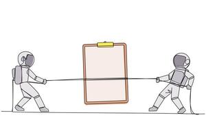 Single one line drawing two astronauts fighting over clipboard. The battle is fierce to get tools that make it easier to make expedition reports. Cosmonaut. Continuous line design graphic illustration vector