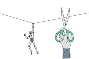 Continuous one line drawing the robot hanging from rope. A big hand that want to cut the rope. Maintaining a nearly useless business. Thwarted by traitors. Single line draw design illustration vector