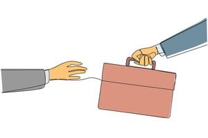 Continuous one line drawing a hand gives a briefcase to colleague. Continuing the business trip marathon. Many places to visit. Huge profits well deserved. Single line draw design illustration vector