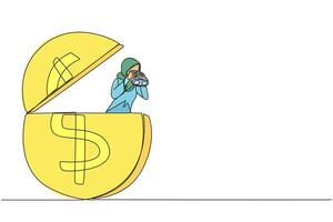 Single one line drawing Arab businesswoman emerges from dollar symbol coin look for something with binoculars. Look for money to share as sign of gratitude. Continuous line design graphic illustration vector