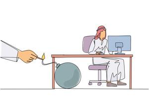 Continuous one line drawing Arab businessman typing at computer. Trapped by business partner. Bomb that could explode at any time. Betrayed by a colleague. Single line draw design illustration vector
