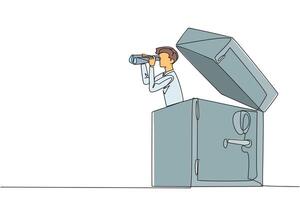 Single one line drawing businessman emerges from safe deposit box looking for something through binoculars. Best storage place related to company business. Continuous line design graphic illustration vector