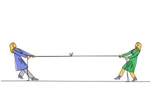 Single continuous line drawing two Arabian businesswomen pulling each other's rope. Little game. Look for weaknesses to the team's strengths. Bonding. Togetherness. One line design illustration vector