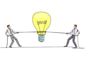 Single one line drawing two businessmen fighting over a lightbulb. Compete to find solutions to problems faced by company. Lack of unity. Partnership split. Continuous line design graphic illustration vector