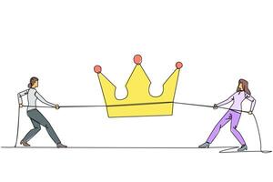 Single one line drawing two businesswomen fight for the crown. Competition to create highly profitable business empire. Facilitate personal interests. Continuous line design graphic illustration vector