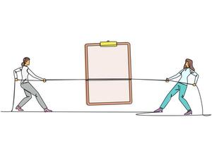 Single continuous line drawing two businesswomen fighting over a clipboard. Fight to be the first to complete the biweekly report. Compete for the company profits. One line design illustration vector