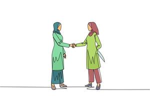 Single one line drawing two Arab businesswomen shaking hands. One of them holds knife behind back. Getting ready to stab. Must win at all costs. Traitor. Continuous line design graphic illustration vector