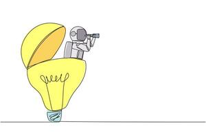 Continuous one line drawing astronaut emerges from lightbulb look for something with binocular. Collecting best ideas for to do during a lunar expedition. Single line draw design illustration vector