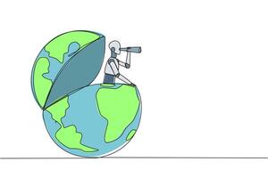 Single continuous line drawing smart robot appears from the globe looking for something through binoculars. Mapping locations that technology has not yet reached. One line design illustration vector