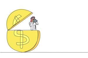 Single one line drawing Arabian businessman pops out of a dollar symbol coin looking for something through binoculars. Save slowly for a calmer old age. Continuous line design graphic illustration vector